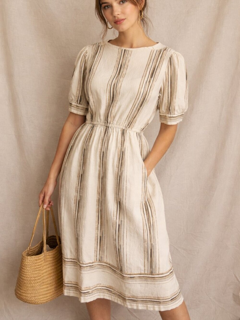 ✨ Vintage Marinette Textured Brown Stripe Dress – Size 12 ✨80's 70's
